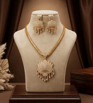 Matte Gold Finish AD Stone Lotus Pendant Necklace Set with Earrings