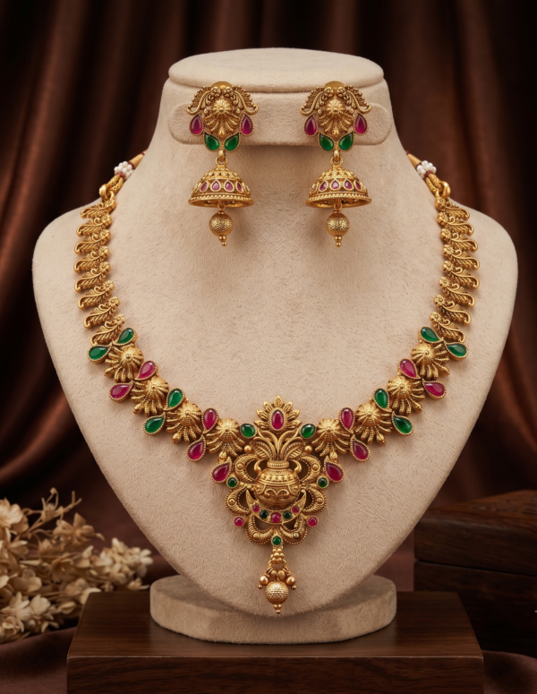 Kalash Design Necklace Set with Jhumka Earrings Matte Gold Finish Kalash Design Necklace Set with Jhumka Earrings