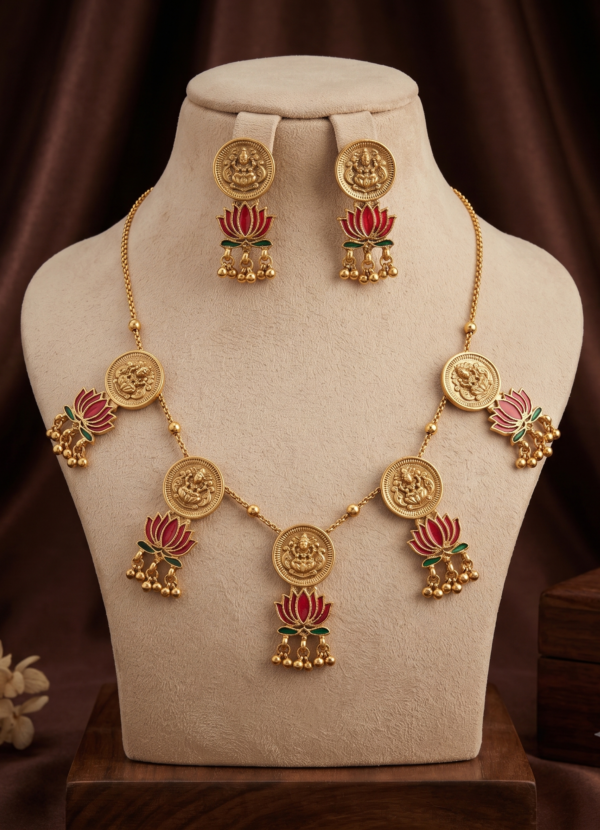 Matte Gold Finish Lakshmi Lotus Temple Necklace Set with Earrings