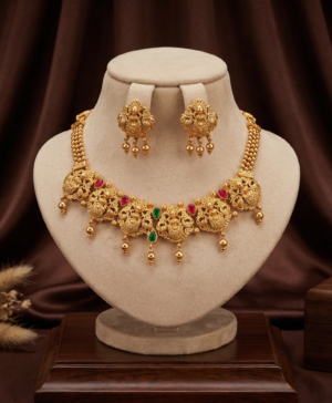 Matte Gold Finish Lakshmi Temple Choker Necklace Set with Earrings