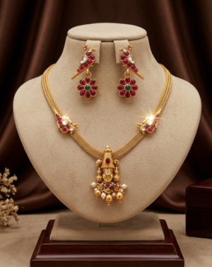 Matte Gold Finish Balaji Temple Pendant Necklace Set with Earrings