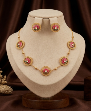 Matte Gold Finish Lotus Necklace Set with Matching Earrings