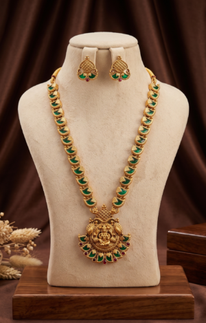 Matte Gold Finish Ganesh Temple Short Necklace Set with Earrings