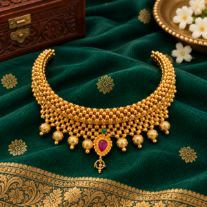 Gold Plated Teardrop Thushi Choker necklace with ruby teardrop pendant and carved gold beads on dark green saree