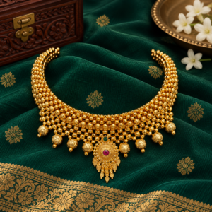 Gold Plated Traditional Thushi Choker necklace with ruby pendant