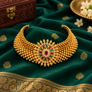 Gold Plated Floral Thushi Choker necklace with ruby and emerald stones on green silk saree