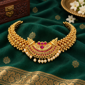 Gold Plated Crescent Thushi Choker necklace with ruby stones and pearl drops on green silk saree