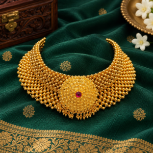 Gold Plated Thushi Choker necklace with ruby stone filigree medallion