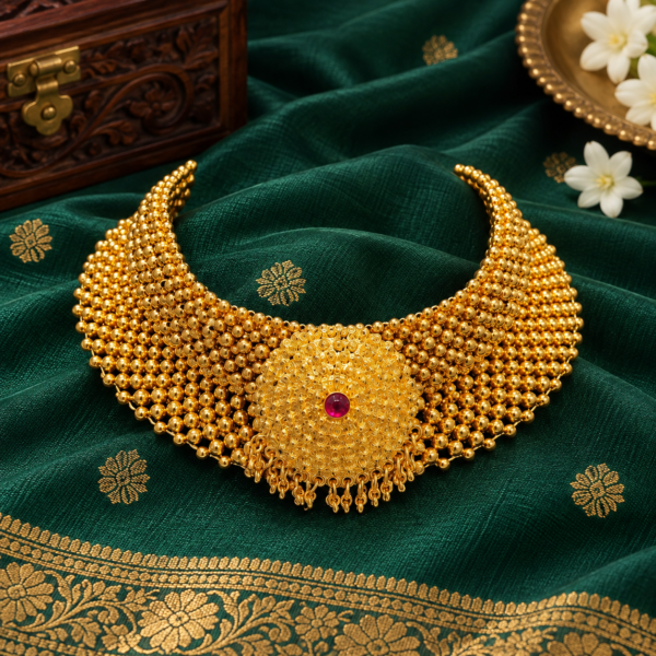 Gold Plated Thushi Choker Necklace Gold Plated Thushi Choker necklace with ruby stone filigree medallion