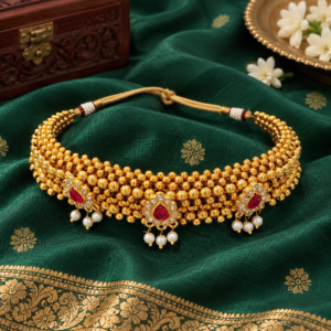 Traditional gold plated pearl bead choker necklace with ruby red stones and pearl drops on a green silk saree backdrop.
