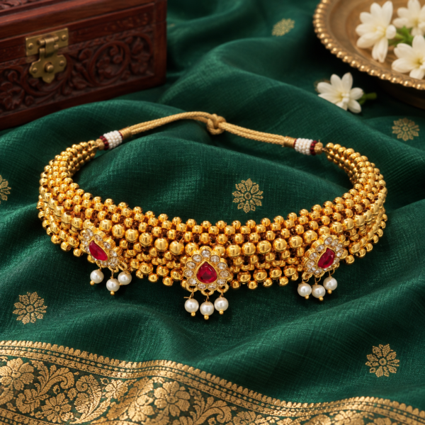 Traditional Gold Plated Pearl Bead Choker Necklace Traditional gold plated pearl bead choker necklace with ruby red stones and pearl drops on a green silk saree backdrop.